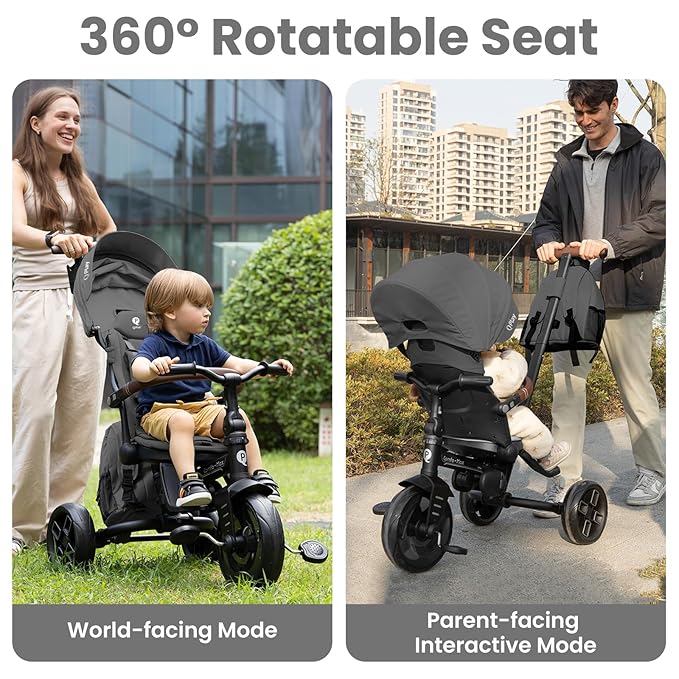 QPlay Toddler Bike Stroller for Baby 10 Months to 6 Years Old, 8-in-1 Foldable Stroller Bike for Toddlers 3-5 Boys & Girls Gifts Trike — Adjustable Handle, Triple Footrest, Canopy & Storage Bag