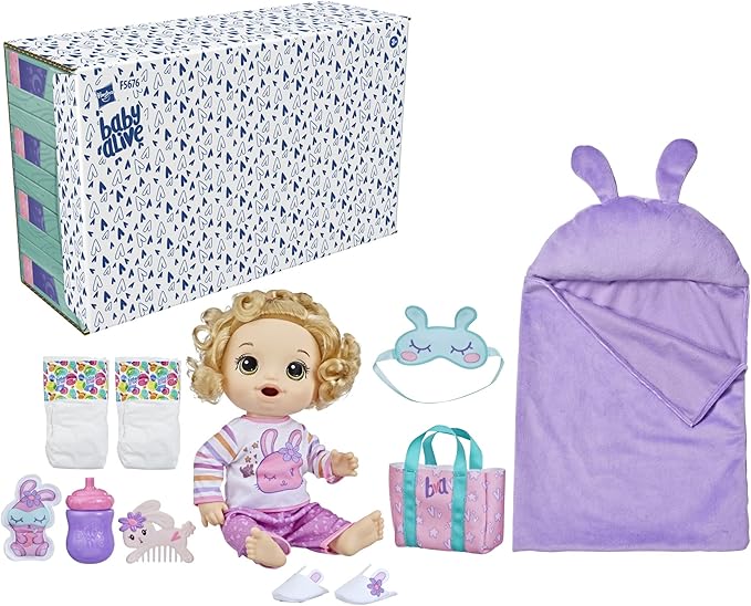 Baby Alive Bunny Sleepover Baby Doll, Bedtime-Themed 12-Inch Dolls, Sleeping Bag & Bunny-Themed Doll Accessories, Toys for 3 Year Old Girls and Boys and Up, Blonde Hair (Amazon Exclusive)