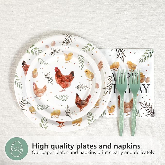 96Pcs Chicken Birthday Party Decorations Barnyard Farm Animal Paper Plates Disposable Watercolor Hen Chick Supplies Tableware for Birthday Baby Shower Chicken Themed Party Decorations Serves 24