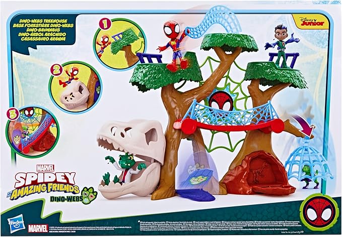 Marvel Spidey and His Amazing Friends Dino-Webs Treehouse Playset, Spider-Man & Goblin Raptor 4-Inch-Scale Action Figure Set, Ages 3 & Up