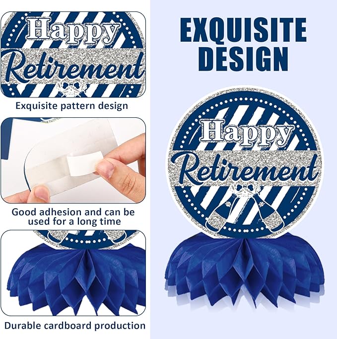 10 Pcs Retirement Party Decorations, Blue Silver Retirement Table Honeycomb Centerpieces Happy Retirement Table Topper for Men Women Happy Retirement Decorations for Party Supplies