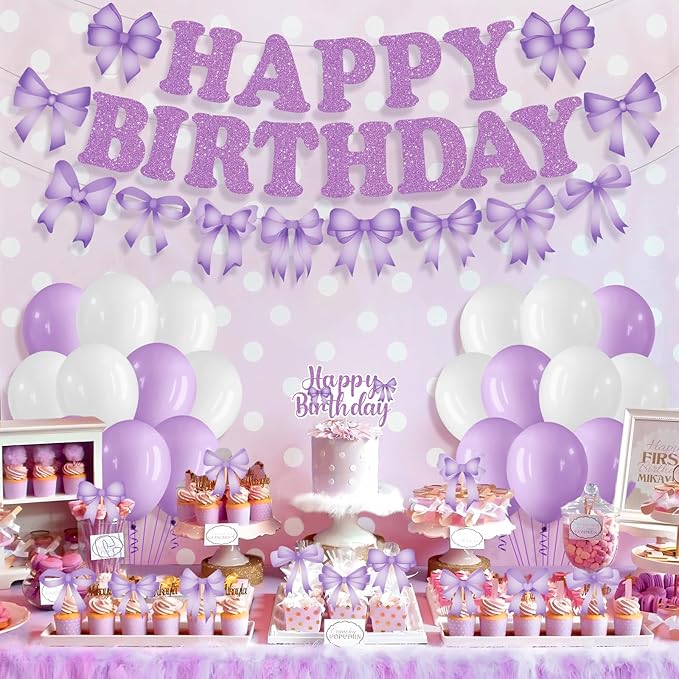 Purple Bow Birthday Party Decorations Bow Happy Birthday Banner Purple White Balloons Cake and Cupcake Toppers for Girls Women Coquette Bday Baby Shower Party Supplies