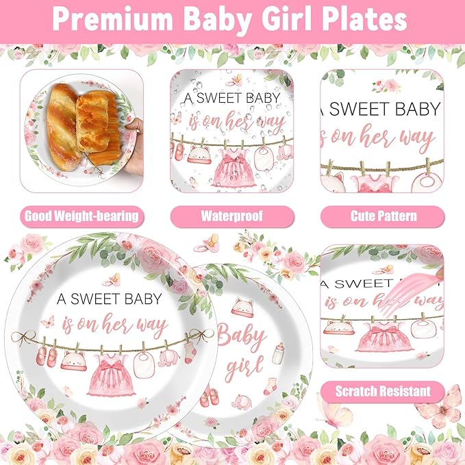 96Pcs Floral Baby Girl Baby Shower Plates and Napkins Decoration Pink Girl Party Tableware Dinnerware Set Rose Gold Paper Plates for Babies Girls Gender Reveal Party Supplies Serves 24 Guests