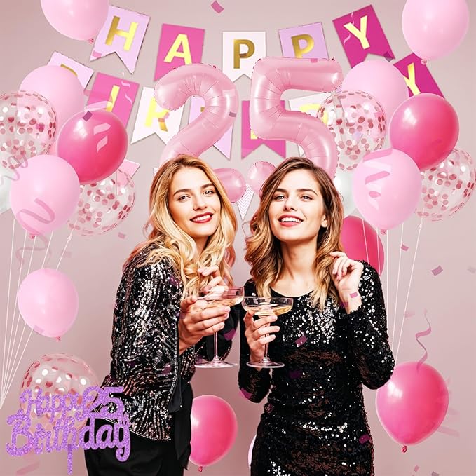25th Birthday Decorations For Women, Pink Happy Birthday Party Decorations With Number 25 Balloons Pink Confetti Hot Pink Balloons Fringe Curtain Banner Cake Topper For 25th Party Supplies