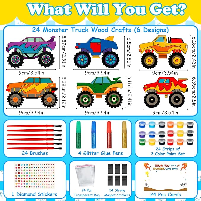 Bafeil Monster Truck Party Favors, 24 Pcs DIY Wooden Truck Painting Crafts Kit with Magnets, Car Birthday Party Supplies, Monster Trucks Party Decorations Goodie Bags Gifts Prizes Girls Boys