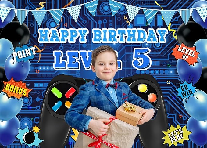 Game Theme Level 5 Birthday Backdrop Video Game Happy 5th Birthday Party Decorations Level Up Theme Boys Kids Birthday Party Supplies(7×5FT)