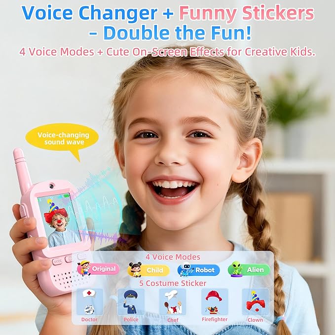 Video Walkie Talkies for Kids 2 Pack – Rechargeable Kids Walkie Talkies Intercom Toys for Age 3-12 Year Old Boys Girls, HD Camera & Voice Changer, 2'' Screen, Outdoor Play Camping Hiking Family Games