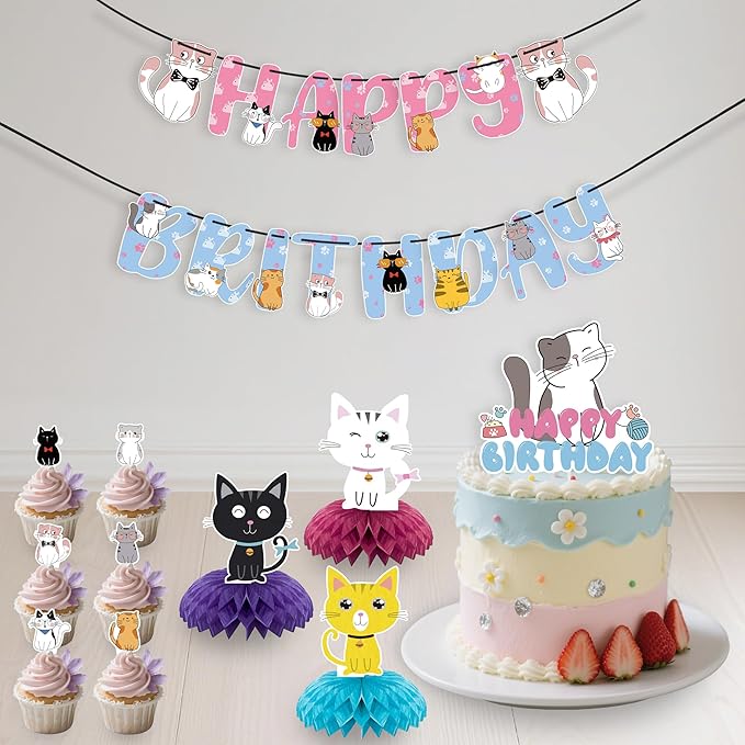 Cat Theme Birthday Party Supplies,15 PCS Happy Birthday Banner-NO DIY,6 Hanging Cutouts,6 Hanging Swirl Decor,1 Cake Topper,12 Cupcake Toppers,3 Birthday Honeycomb Party Decoration