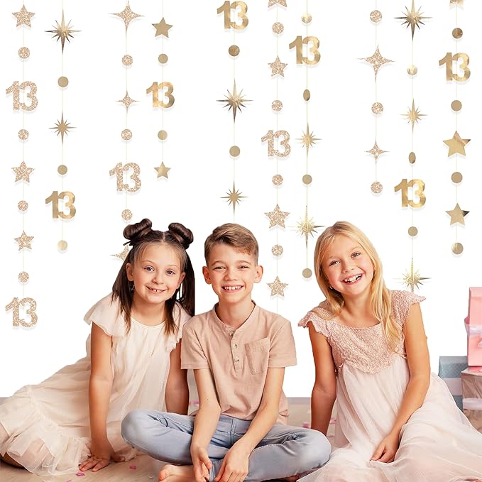 Champagne Gold 13th Birthday Decorations Number 13 Circle Dot Twinkle Star Garland Glitter Streamer Banner Backdrop Girls Boys Cheers to 13 Years Old Birthday Official Teenager Party Supplies