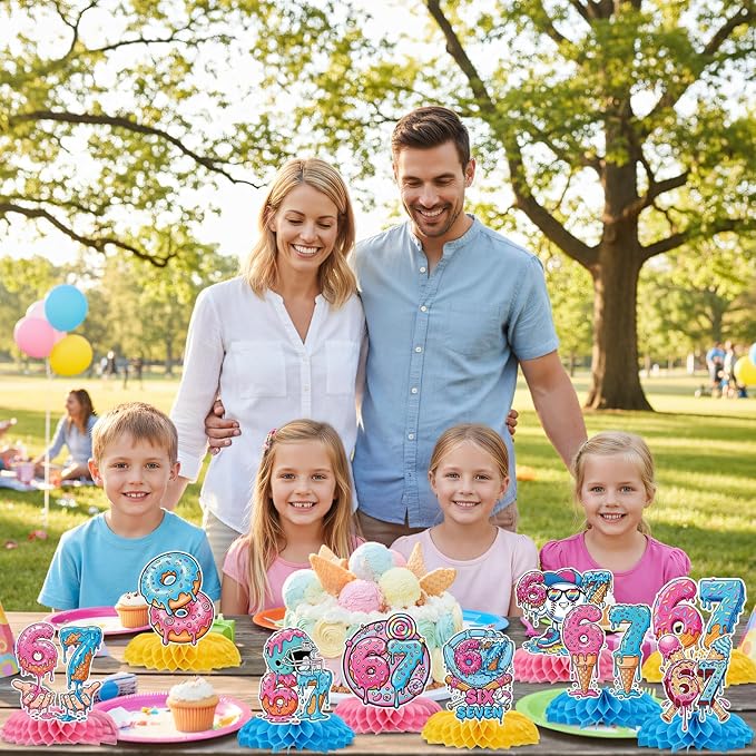 6 7 Birthday Decorations - 9 Pcs 67 Meme Birthday Theme Party Honeycomb Centerpieces Decor, Funny Six Seven Ice Cream Drip Baseball Party Supplies for Boys Girls