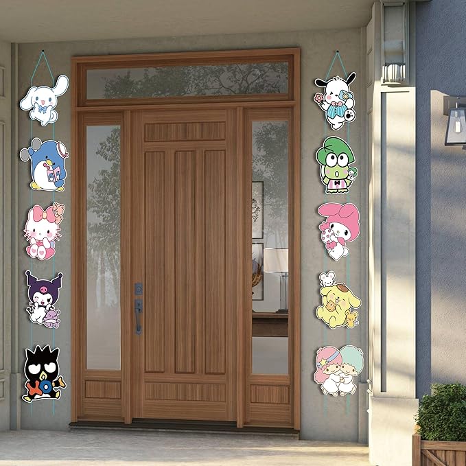 Kawaii Birthday Party Supplies - 10 Pcs Theme Cartoon Porch Sign - Room Door Decoration Porch Hanging Banner Wall Decorations for Indoor Outdoor Decoration