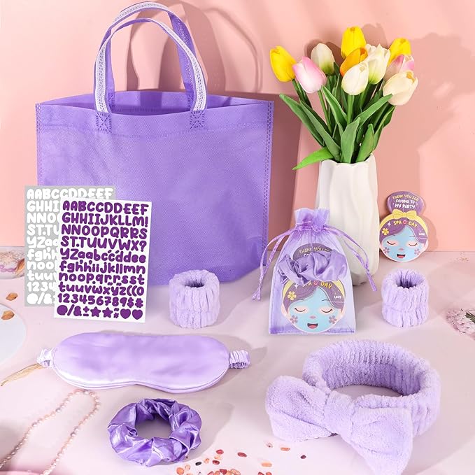 72 Pcs Spa Sleepover Party Supplies for Girls With DIY Stickers And Greeting Card Purple Headband Wristbands Eye Mask Hair Scrunchie Tote Bag Sleeping Slumber Party Favors