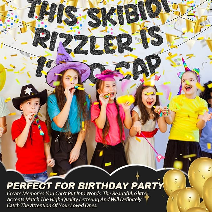 Fulmoon Pre Strung This Skibidi Rizzler Is 12 No Cap Glitter Banner 12th Birthday Party Decorations, Funny Birthday Sign, Party Supplies, Ideas, Gifts, Black