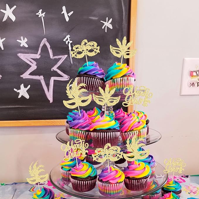 Gyufise 24Pcs Mardi Gras Cupcake Toppers Glitter Masquerade Masks Cupcake Picks Mardi Gras Party Baby Shower Birthday Cake Decorations Party Supplies Gold