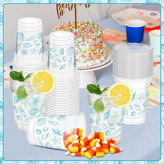 50Pcs Seashell Party Cups, 12oz Ocean Theme Plastic Cups for Wedding Decorations Ocean Under the Sea Summer Birthday Beach Party Supplies