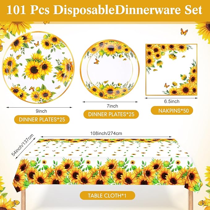 Zhehao 101 Pcs Sunflower Party Tableware Set Yellow Floral Party Supplies Includes 50 Paper Plates, 50 Napkins and 1 Tablecloth for Birthday Wedding Bridal Shower Baby Shower Decorations