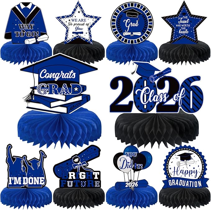 10PCS Graduation Party Decorations Class of 2026 Congrats Grad Table Centerpieces Congratulate Graduation Honeycomb Table Toppers for Graduation Party Supplies(Blue Black)