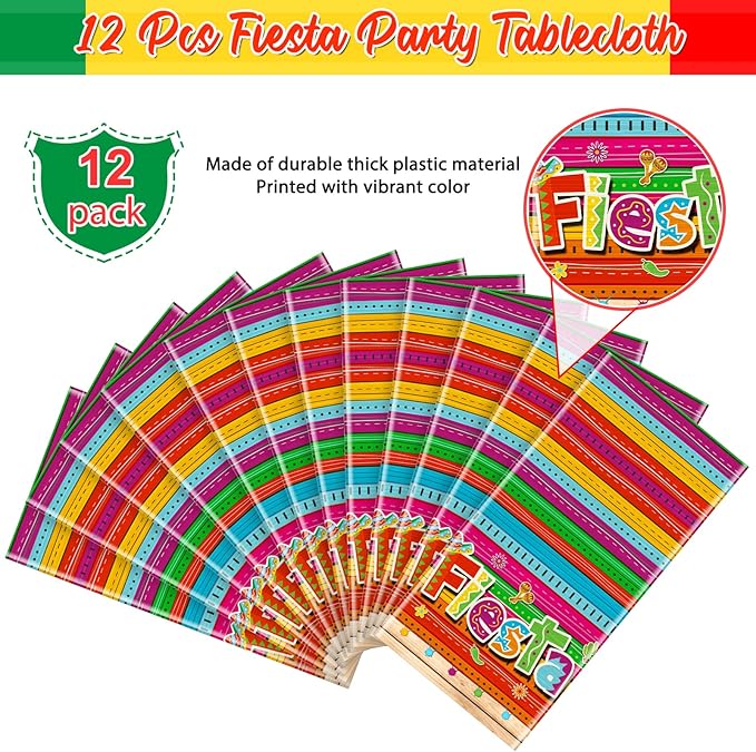 Jectivs 12 Pieces Mexican Fiesta Party Tablecloth Decorations,Plastic Cinco De Mayo Printed Table Cloth Table Cover for Fiesta Taco Night Birthday and Mexican Themed Party Supplies, 54 x 108 Inch