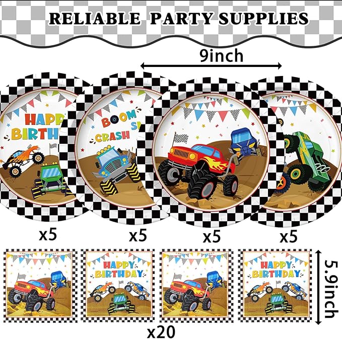 40 Pcs Truck Plates and Napkins Tableware Sets for Truck Party Decorations, Race Car Birthday Decorations Which Can Serve 20