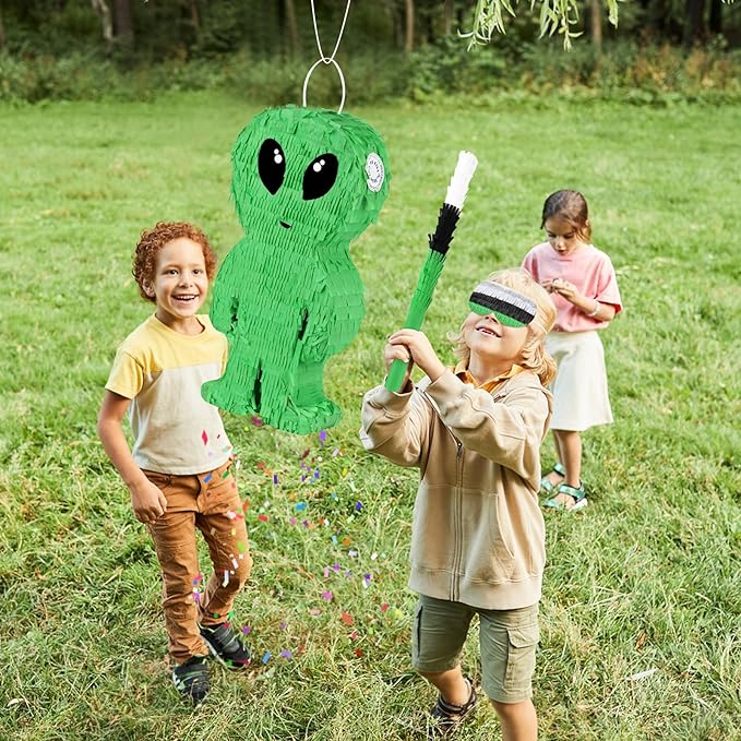 Alien Pinata with Stick and Blindfold Green Space Alien Birthday Party Decorations for Kids Boys Outer Space Theme Party Supplies