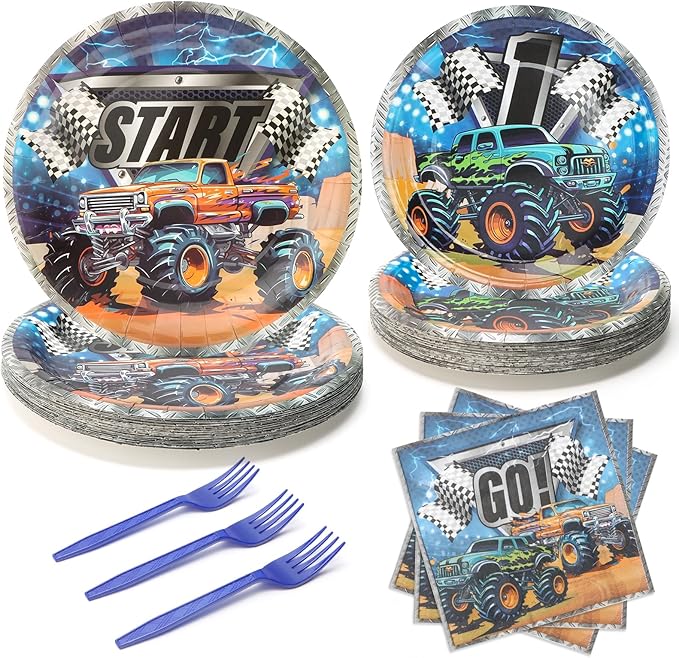 96Pcs Monster Truck Plates Party Supplies,Monster Jam Paper Plates and Napkins and Forks for 24 Guests Picnic Kids Birthday Party Decorations