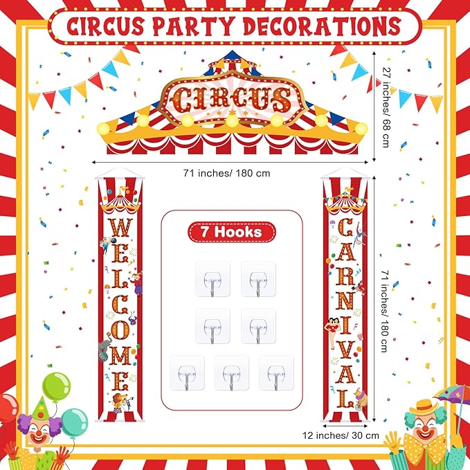 ShinyRelief 15 Pcs Circus Decorations Carnival Striped Awning Porch Banner Carnival Theme Directional Signs Welcome to the Circus for Birthday Party Supplies