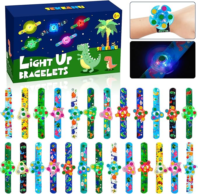 SEKEAHU 25 PCS Light Up Fidget Rotating Toy + 25PCS Slap Bracelets, Dinosaur Halloween Party Favors Christmas Stocking Stuffers for Kids 4-8-12 Goodie Bag Stuffers Glow in The Dark Supplies Gifts