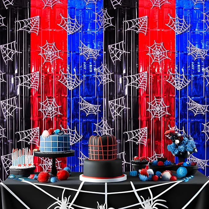 Spider Web Birthday Decorations, 2 Pack Spider Party Supplies 3.3x6.6ft Tinsel Foil Fringe Curtains, Red Black, and Blue Photo Booth Prop Backdrop Streamer, Birthday Decor, Party Decor for Boys