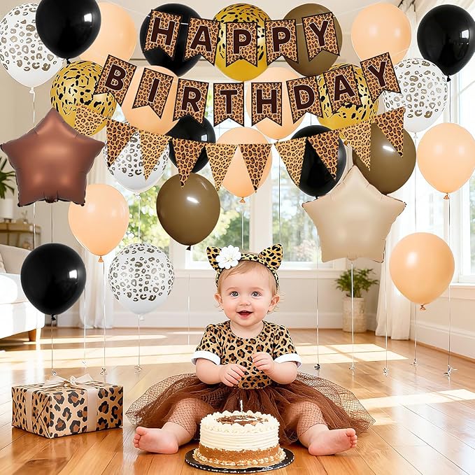 Leopard Birthday Decorations, Gold Cheetah Print Animal Balloons Brown Black and Heart Balloons, Cheetah Happy Birthday Banner for Safari Wild Birthday Baby Shower Jungle Zoo Theme Party Supplies