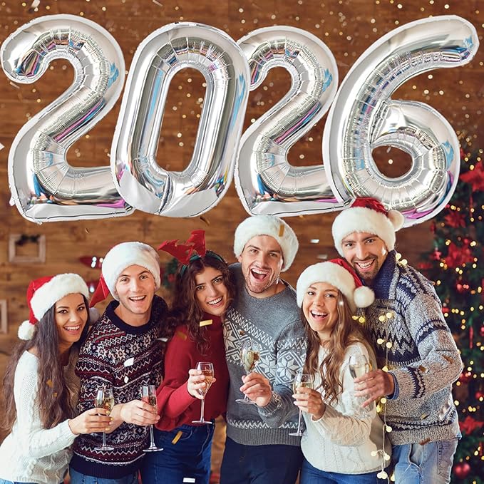 KALOR 32 Inch 2026 Silver Foil Number Balloons, 2026 New Years Decorations for 2026 Happy New Year Eve and Graduations Party Supplies