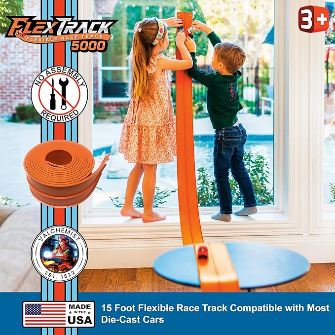FlexTrack 5000 Flexible Race Car Track for Kids Toy with Suction Cups Compatible with Diecast 1/64th Cars and More 15 Feet Long Rolls Up Portable Racetrack (Limited Fireline Edition)