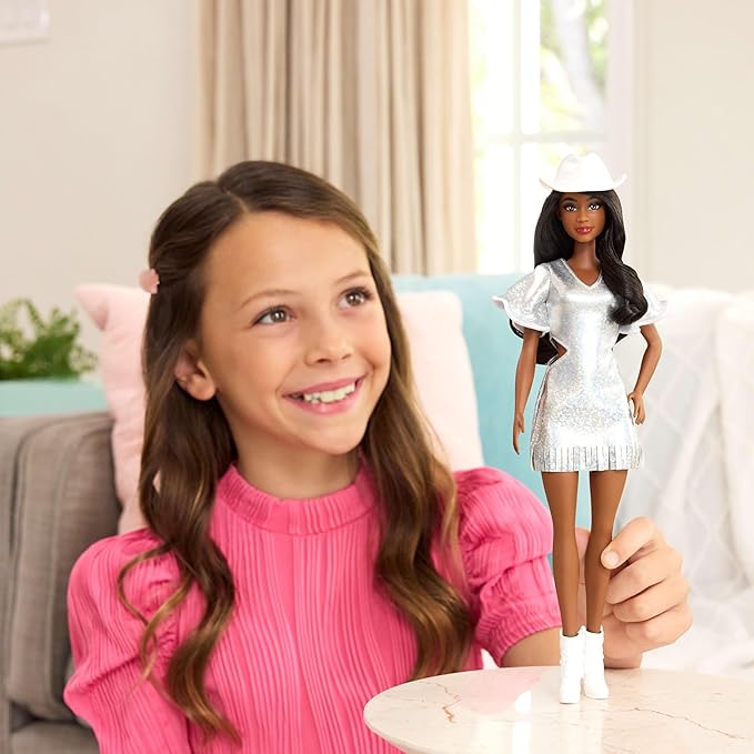 Barbie Fashionistas Doll #239 with Black Hair Wearing Sparkly Silver Fringe Dress with Western Accessories Like White Cowboy Hat and Boots