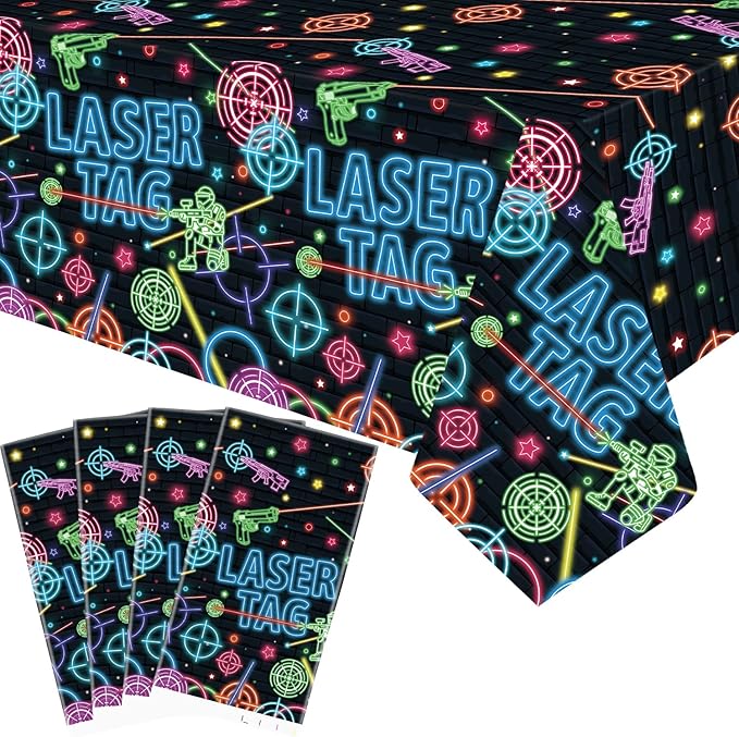 4 Pack Laser Tag Party Tablecloth Decoration - Laser Tag Party Decoration, Neon Glow Tablecover Neon Glow Table Cloth, for Shooting Game Supplies (51 x 86 Inches)