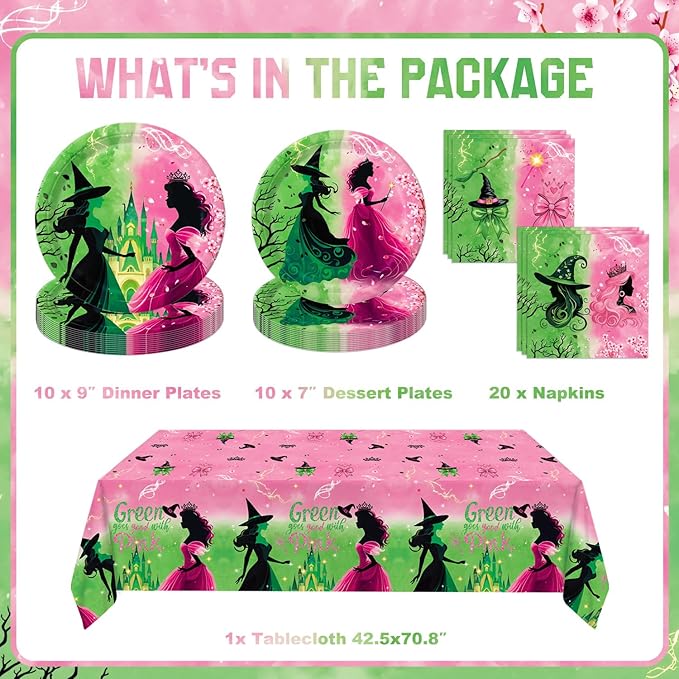 41 PCS Pink and Green Witch Party Decorations Include Pink Plates, Green Plates, Napkins, Tablecloth for Witch Birthday Party Decorations