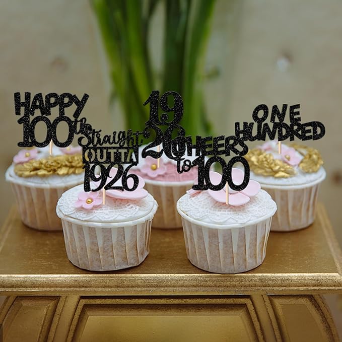 30PCS Black 100th Birthday Cupcake Toppers Glitter One Hundred Years 100 Fabulous Happy 100 Straight Outta 1926 Cupcake Picks for 100th Birthday Anniversary Party Cake Decorations Supplies