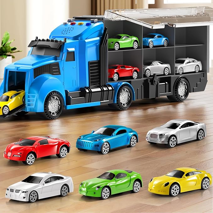 Racing Trucks Toy Set with Play Mat, Carrier Truck Play Vehicles Set for 3 4 5 6 Years Old Boys Kids, Die-Cast Car Toy for Toddlers 3-4 Years, Birthday Gifts Toys for 3-9 Year Old Boys