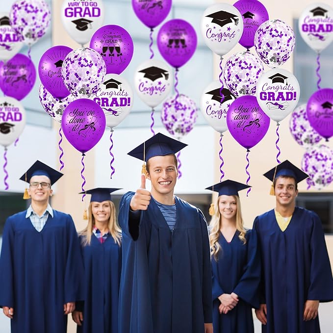 Whaline 60Pcs Graduation Party Balloon Set 7 Designs Confetti Latex Balloon with 2 Rolls Purple Ribbon Grad Cap Congrats Grad Balloon for Graduation Party Decoration Supplies (Purple, White)