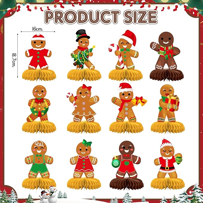 12 Pcs Gingerbread Honeycomb Centerpieces Christmas Table Decorations Gingerbread Man 3D Honeycomb Decoration Tabletop Holiday Party Decorations for Winter, Xmas Cookie Tabletop Decor