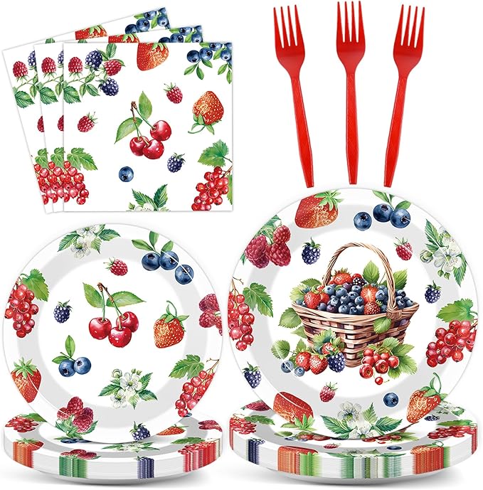 gisgfim 96 Pcs Berry Party Supplies Berry Paper Plates Napkins Strawberry Blueberry Birthday Party Disposable Tableware Set Berry Sweet Party for Girls Kids Baby Shower Decorations Favors Serves 24
