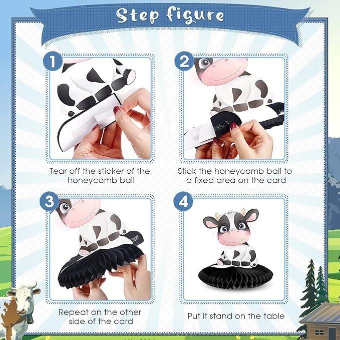 Outus 8 Pieces Cow Honeycomb Centerpieces 3D Cow Party Decoration for Tables Farm Animal Barn Party Supplies for Western Theme Birthday