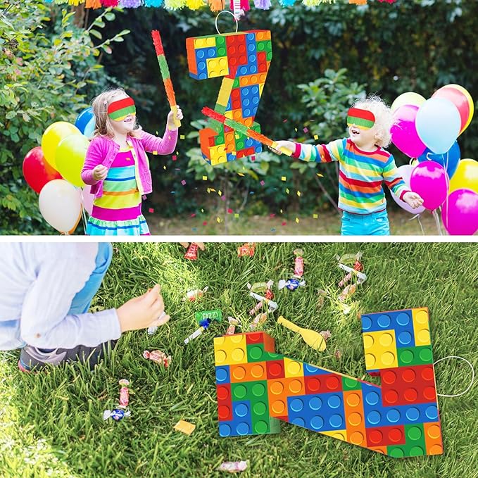 Number 7 Pinata with Blindfold and Bat Stick Building Block 7th Birthday Decorations for Kids Boys Girls Building Block Birthday Party Games Number Pinata for Fiesta