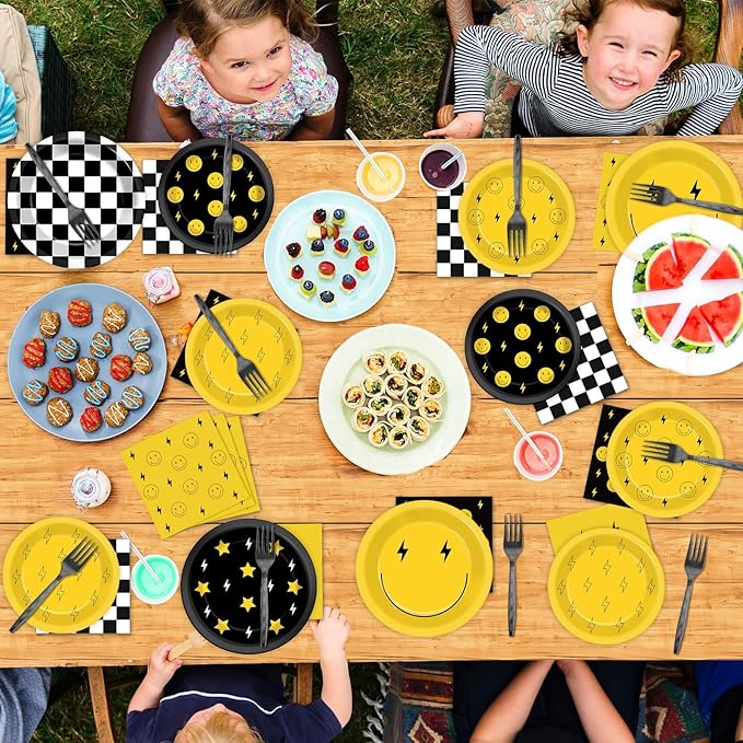 96Pcs Smile Face Birthday Party Decorations One Happy Dude Yellow Smile Face Paper Plates Napkins Lightning Star Checkered Tableware Dinnerware Supplies for Birthday Baby Shower Wedding Party Favors