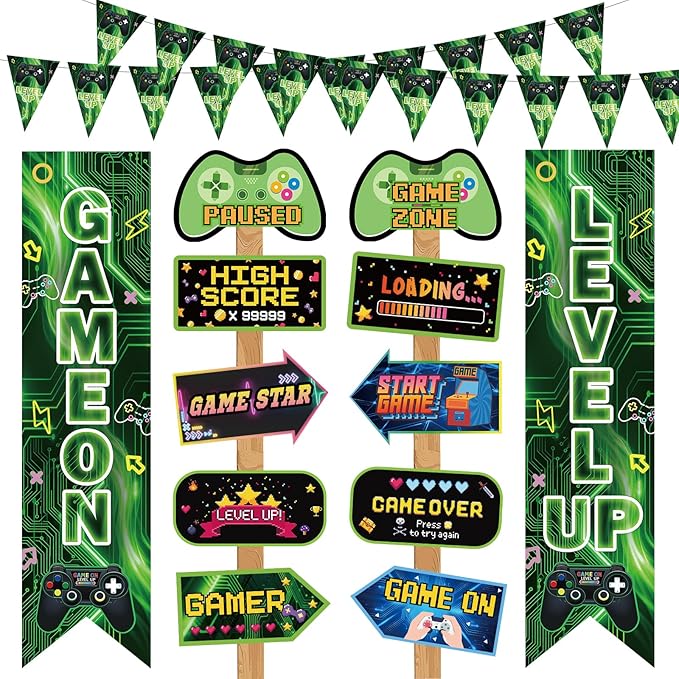 Video Game Birthday Party Decorations Level Up Triangle Flag Banner Photo Booth Props Gamer Birthday Party Supplies with Game Controller High Score Loading Paused Porch Yard Signs for Boys Kids Gaming Theme Party
