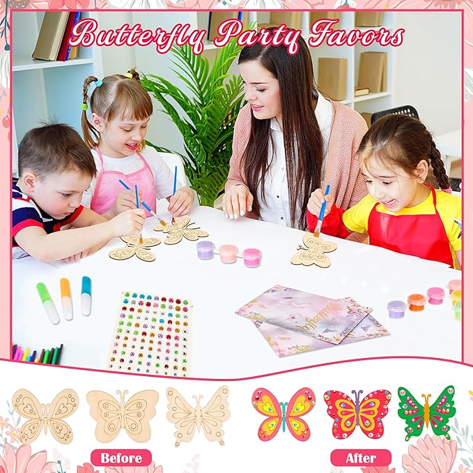 24 Pack Butterfly Party Favors - Non-Toxic Wooden DIY Butterflies Paint Craft - with Magnet Luminous Pen Diamond Sticker - Butterfly Birthday Party Supplies Goodie Bag Gift Prize for Kids Girl Toddler