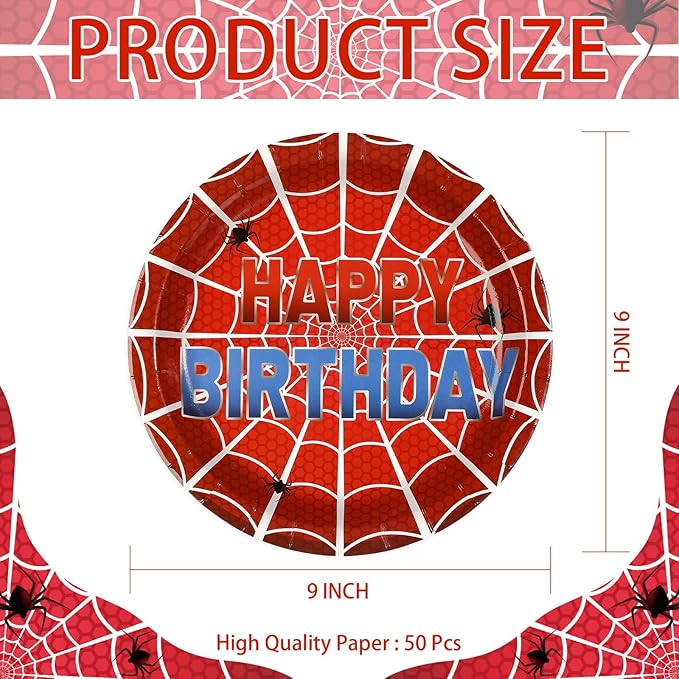 50Pcs Spider Theme Web Birthday Paper Plates 9 Inch Disposable Red Blue Spider Birthday Party Decorations Cartoon Super Themed Hero Dessert Plates for Boys Baby Shower Amazing Party Decorations