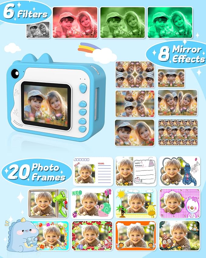 Kids Instant Print Camera 1080p for Ages 3-12 - Ink Free Printing Dinosaur Toddler Camera, Christmas Birthday Gifts for Boys Girls 3-12 Years Old (Blue)