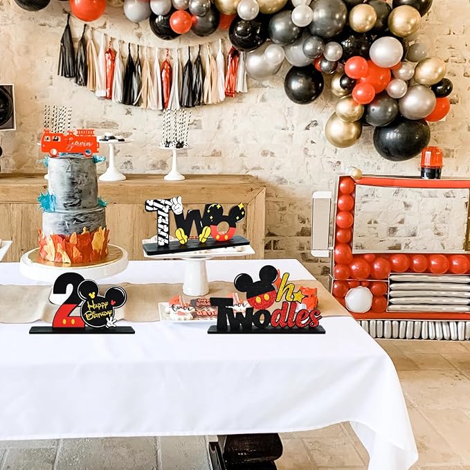 TONIFUL Red Mouse 2nd Birthday Party Supplies 2nd Table Centerpieces - Red Mouse Theme Design and Sturdy Wooden for Two Years Old Birthday Party Favors 2nd Birthday Decorations (4 Pcs)