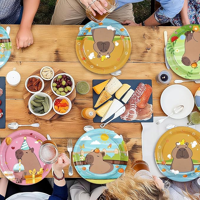 60Pcs Capy Paper Plates 7" Disposable Heavy Duty Cute Cartoon Capibara Dessert Paper Plates Animal Capybaras Themed Tableware Set for Kids Kapybara Birthday Baby Shower Party Decorations