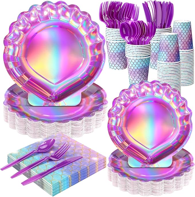 Cunhill 144 Pcs Iridescent Pink Mermaid Party Birthday Supplies Paper Tableware Hot Pink Purple Holographic Mermaid Plates Napkins Cups Spoons Fork Knives Under The Sea Dinnerware Set