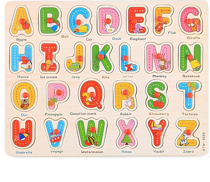 5-Pack Alphabet, Numbers, Shapes, Fruits & Vehicles Puzzle Wooden for Toddlers 3+ Years Old | ABC & 123 Shape Learning Toys with Board & Blocks | Preschool Education for Girls and Boys, Large